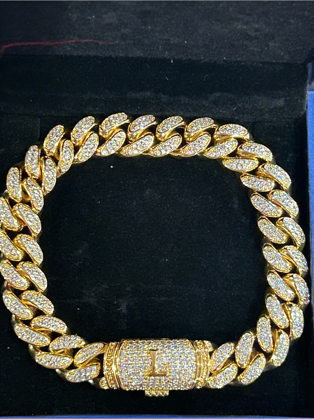 Gold-Tone (initial:L) Pave Cuban Link Bracelet with Sparkling Crystals